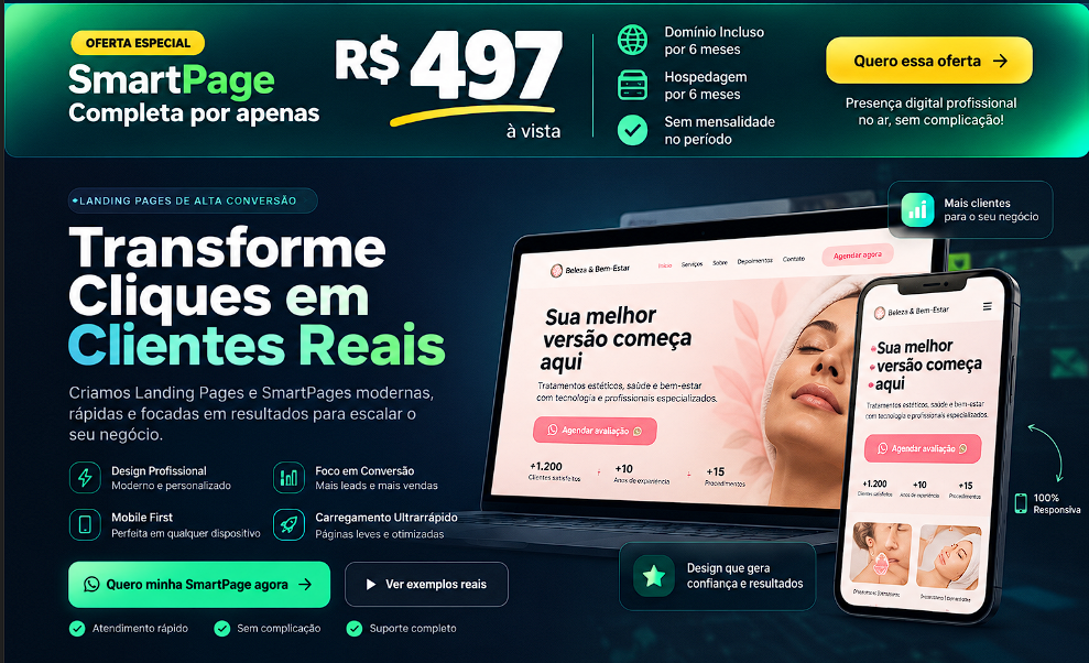Oferta SmartPage: R$ 497 à vista, com domínio e hospedagem inclusos por 6 meses